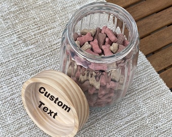 Personalized Dog Treat Jar, Engraved Wooden Lid, Custom Pet Gift