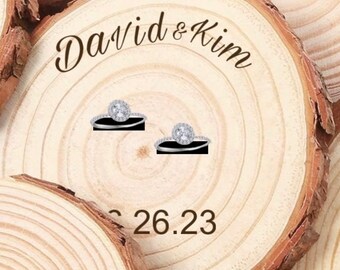 Personalized Wood Slice Wedding Ring Holder, Rustic Engraved Engagement Gift