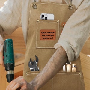Personalized denim apron, apron with engraved patch, custom apron for work, apron with name, work apron, gift for dad, men’s gift, tool gift