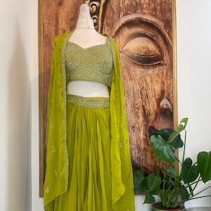 Green Draped Lehenga Sari with Cape: Bollywood Style Indo Western Dress