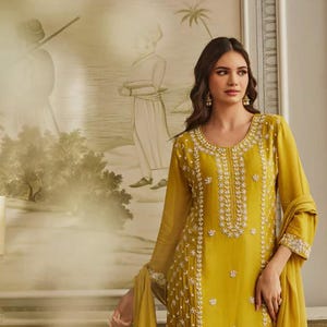 Embroidered Yellow Sharara Suit: Chinon Indian Wedding Outfit