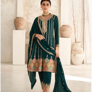 Teal Blue Anarkali Salwar Suit: Embroidered Silk Punjabi Wedding Wear