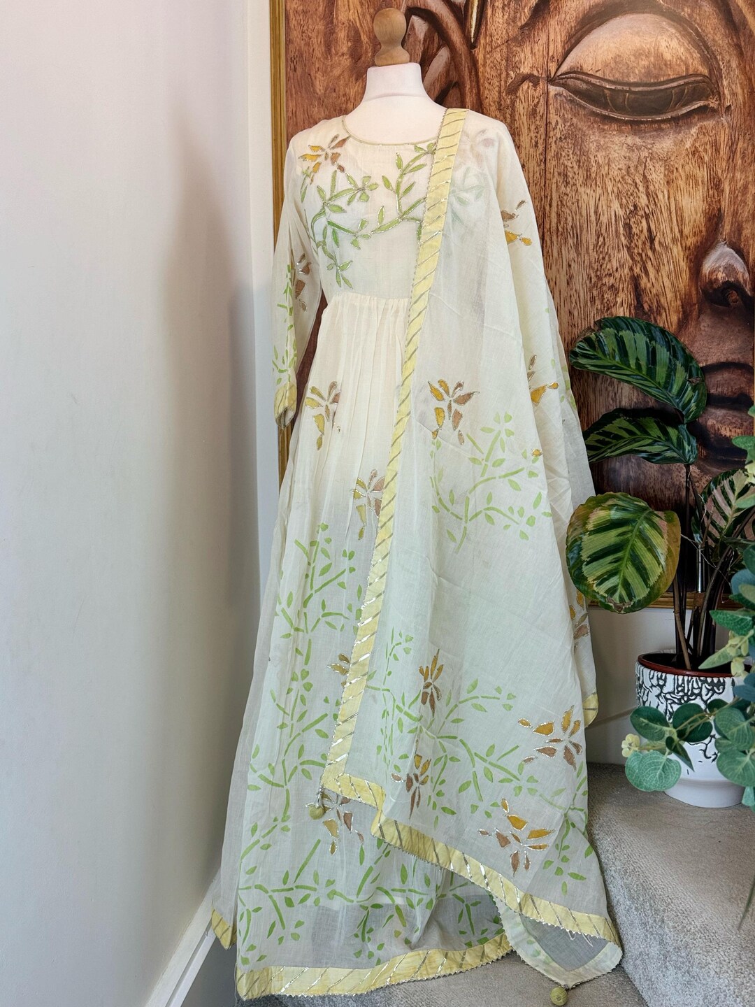 White Self Design Cotton Anarkali Suit With Dupatta