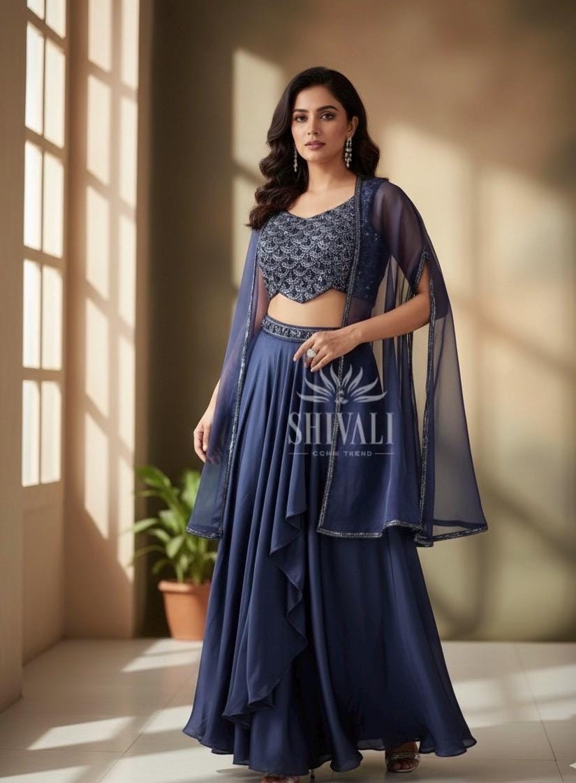 blue indo western dress for women Blue and White Rayon Layered Dress