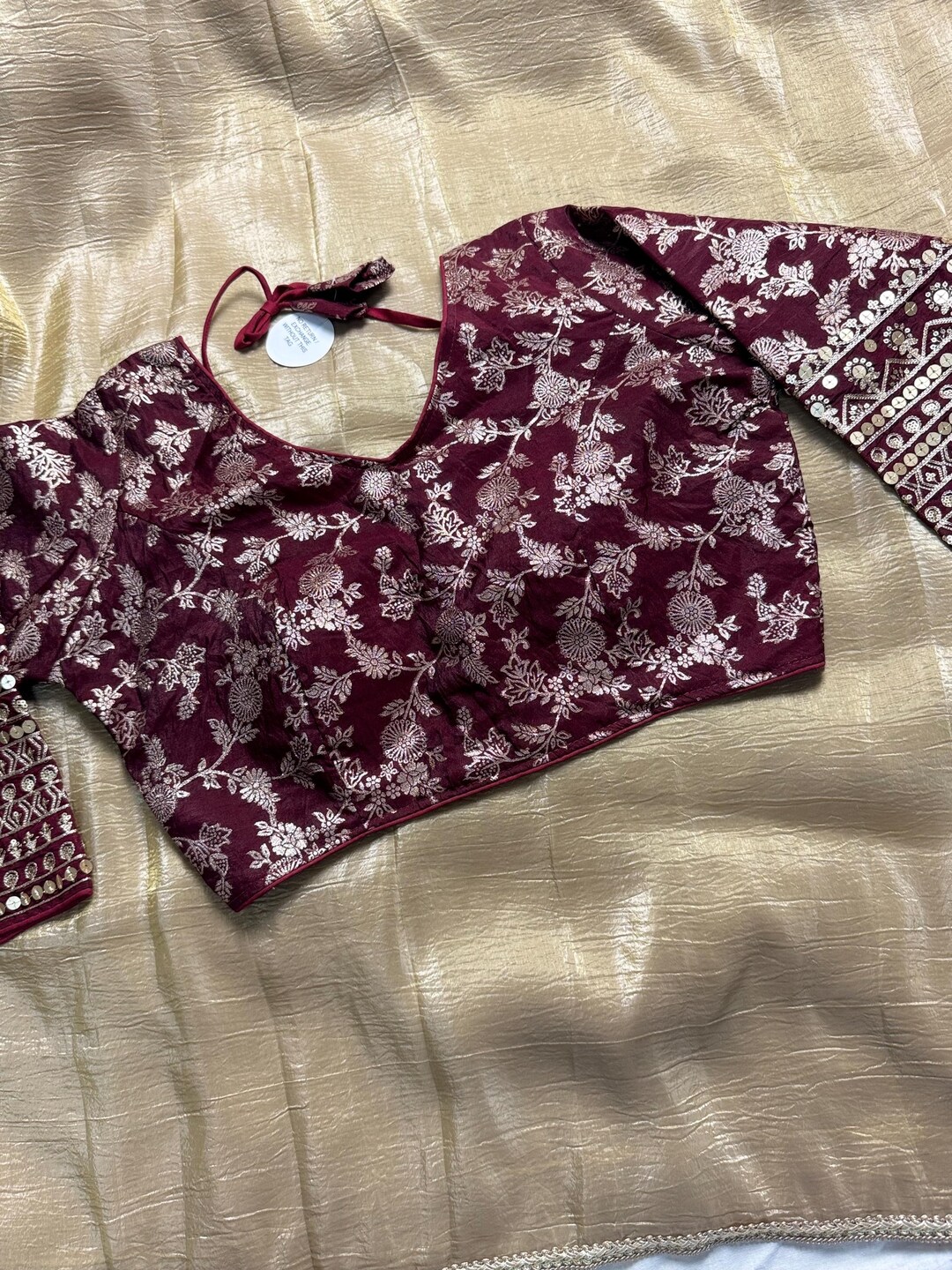 Crush Tissue Golden Saree With Stitched Blouse Banarsi Thread Work