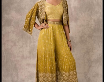 Indo western Green Sharara/Palazzo with choli and shrug: Haldi Mehndi outfit