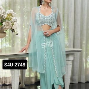 Green Draped Lehenga Sari with Cape: Bollywood Style Indo Western Dress