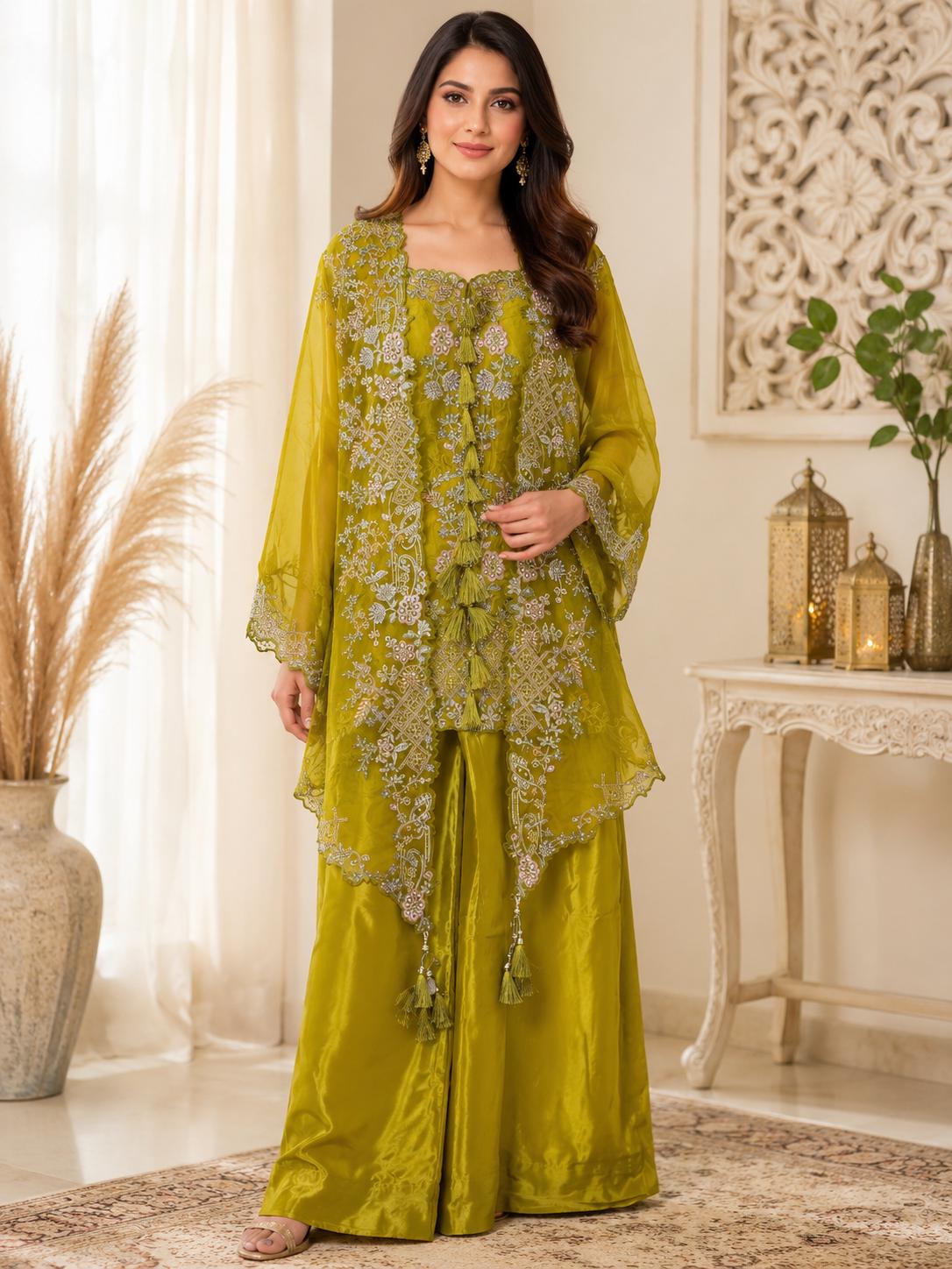 yellow green dress for haldi Indo Western Sharara Set With Jacket | Indian Wedding Guest Outfit | Punjabi Salwar Kameez | Bollywood Style Party Wear Length_Maxi