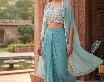 Indo western drape skirt with Cape jacket: Indian wedding wear, drape lehenga and jacket