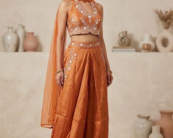 Embroidered Sharara Set: Crop top with Palazzo, Indo western outfit