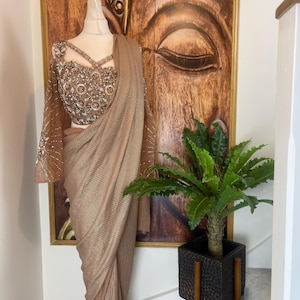 Gold Ready to Wear Saree: Hand Embroidered Blouse, Pre-Pleated Asian Wedding Wear