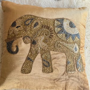 Ivory Velvet Cushion Cover: Embroidered Elephant Design