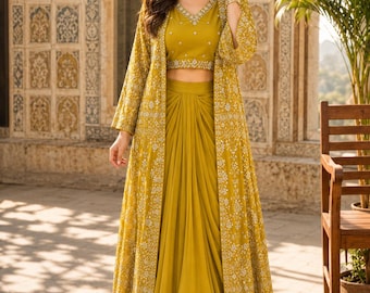 Indo western Yellow Draped skirt with choli and long jacket: Haldi Mehndi outfit, Indian wedding guest outfit