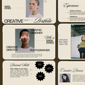 Könnte beinhalten: Kreatives Portfolio-Layout mit dem Namen "SARA JONES" und dem Wort "CREATIVE". Das Design umfasst Abschnitte für Erfahrung, persönliche Fähigkeiten und kreativen Prozess, mit einem Foto einer Frau. Das Layout ist in einer neutralen Farbpalette gehalten.