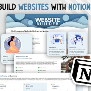 Può includere: Un costruttore di siti web per Notion, con uno schema di colori blu e bianco. L'immagine mostra un costruttore di siti web con una varietà di funzionalità, tra cui una home page, una pagina su di noi e piani tariffari. Il costruttore di siti web è progettato per essere facile da usare e consente agli utenti di creare siti web dall'aspetto professionale.