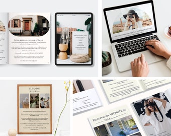May include: A guidebook with the title "Let me guide you every step of the way" and a photo of a house with a red door. The guidebook is open to a page with the text "Cleaning Your Home" and a collage of photos showing a bathroom, a bedroom, and a person cleaning. The guidebook is on a white surface with a laptop computer and a cup of coffee.