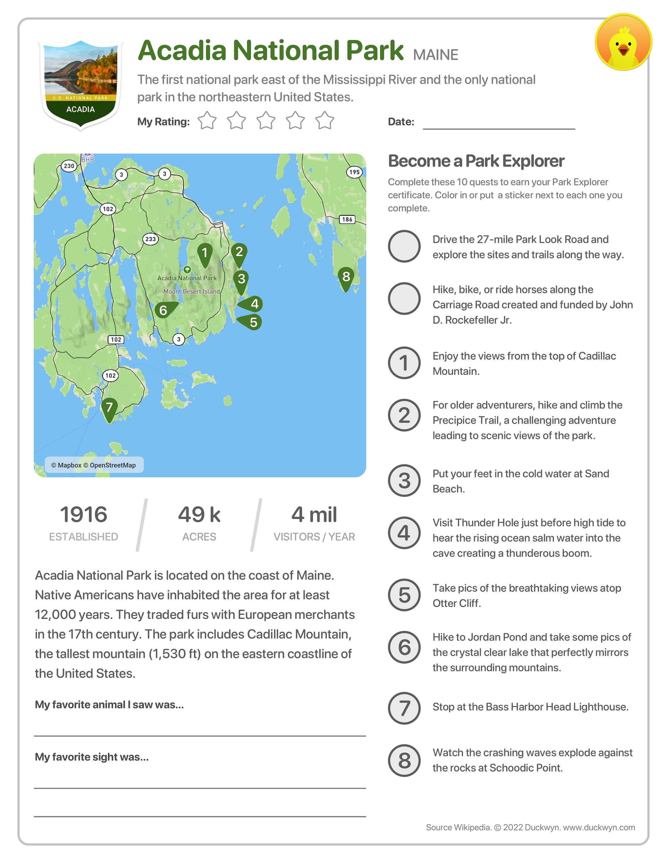 Acadia National Park Printable Kids Guide and Adventure Certificate ...