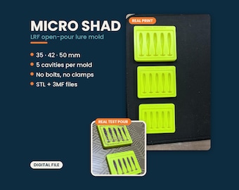 Op de afbeelding: Digitaal bestand voor Micro Shad LRF open-pour kunstaasvorm. Bevat drie limoengroene rechthoekige mallen met elk 5 holtes, maten 35, 42 en 50 mm. Zonder bouten of klemmen, inclusief STL- en 3MF-bestanden. Voorbeelden van echte prints en testgietstukken.