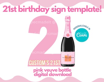21st Birthday Sign Template - Pink Veuve Bottle Design - Editable in Canva