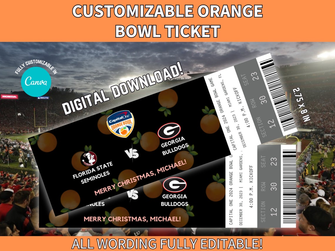 Customizable Orange Bowl 2024 Ticket Template College Football Bowl