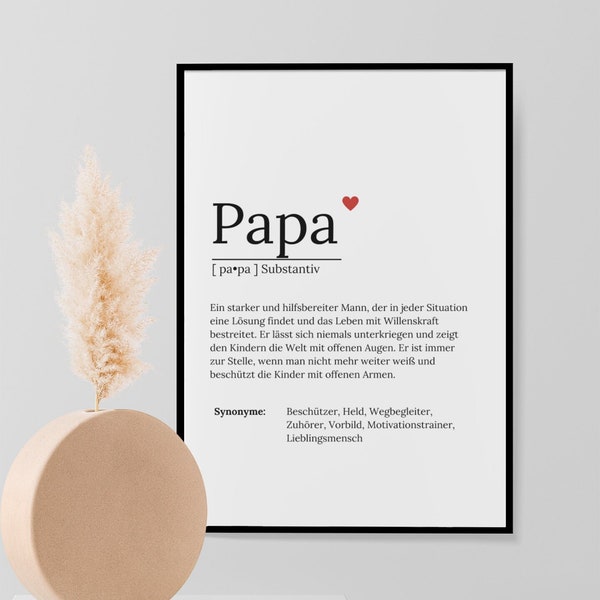Definitie "Papa", A4, direct downloaden, cadeau vader, vader betekenis, beste vader, print jezelf, mijn vader