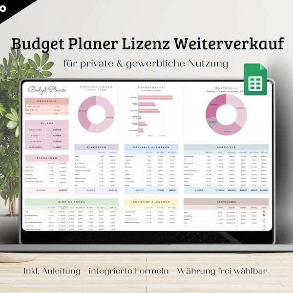 Lizenz Weiterverkauf Gewerblich - Budget Planer - Finanz Tracker - Deutscher Planer - gewerbliche & private Nutzung-Rechte zum Weiterverkauf