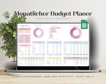 May include: A laptop screen displaying a Google Sheets spreadsheet titled "Monatlicher Budget Planer". The spreadsheet is designed to help users track their monthly budget. The spreadsheet includes sections for income, expenses, savings, and other financial categories. The spreadsheet also includes charts and graphs to visualize financial data.