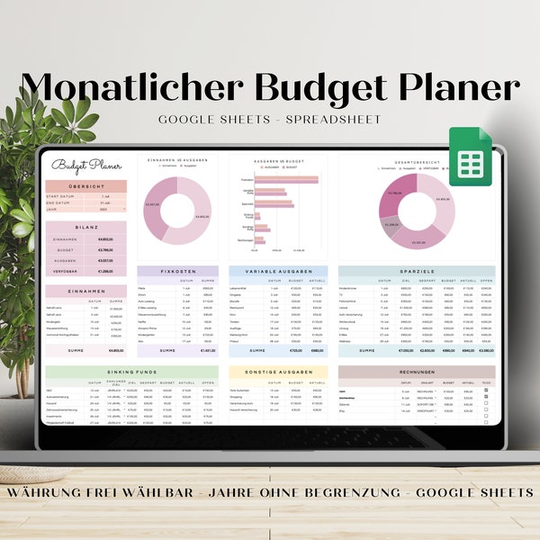 Monatlicher Budget Planer, Google Sheets, für alle Jahre, Finanz Tracker, Digitaler Planer, Euro, deutscher Planer, Spreadsheet