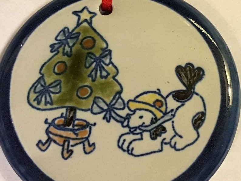 Louisville Stoneware Christmas Ornamentpuppy With Christmas Tree Etsy