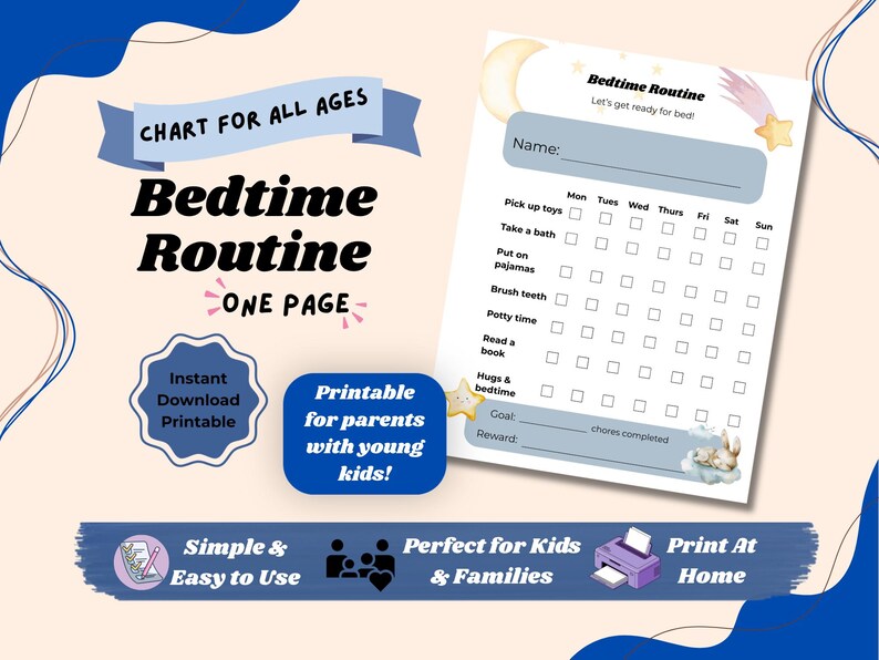 Bedtime Routine Chart Printable | Kids Night Routine Checklist ...