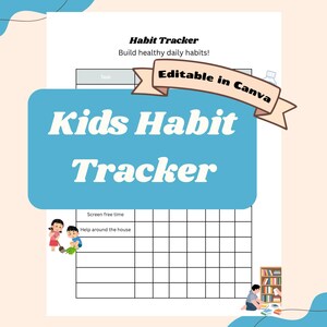 Può includere: Un Kids Habit Tracker stampabile, con uno sfondo azzurro e una griglia per monitorare le abitudini quotidiane. Il testo "Kids Habit Tracker" è in grandi lettere bianche. Il testo "Editable in Canva" è anch'esso visibile.