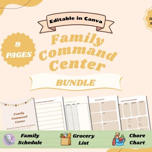 Puede incluir: Un paquete digital de Family Command Center con 9 páginas, editable en Canva. El diseño incluye un horario familiar, una lista de compras y un cuadro de tareas. La imagen tiene una combinación de colores amarillo claro y beige.