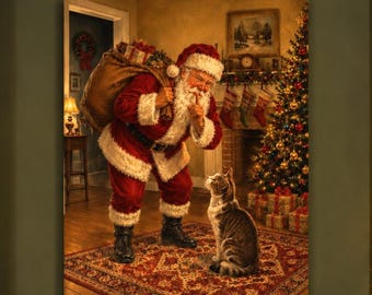 Santa & Cat Christmas Art | Funny Vintage Santa Printable | Christmas Eve Decor | Affordable Wall Art | Downloadable Prints