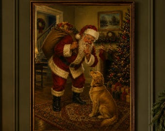 Santa Shushing Dog Christmas Art | Vintage Christmas Printable | Funny Santa Decor | Affordable Wall Art | Downloadable Prints