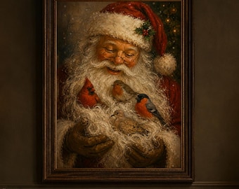Santa Birds Christmas Art | Affordable Wall Art | Vintage Oil Painting | Downloadable Prints