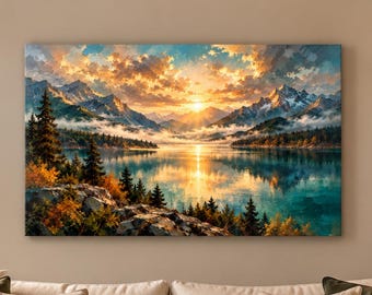 Mountain Lake Sunrise Art | Impasto Landscape | Affordable Wall Art | Downloadable Prints