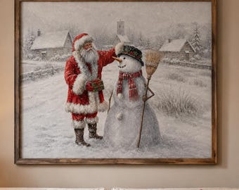 Vintage Santa Snowman Christmas Art | Nostalgic Holiday Printable | Affordable Wall Art | Downloadable Prints