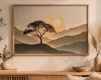 Japandi Sunset Landscape Print, Minimalist Tree Mountain Neutral Boho Decor Download