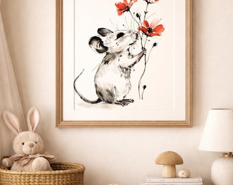Mouse with Flowers Print: Vintage Nursery Art, Whimsical Animal Illustration (Digital Download), Wall Art