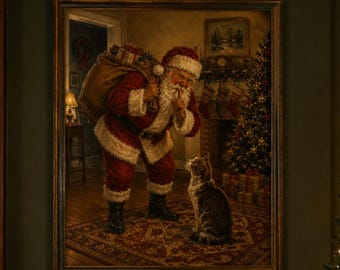 Santa & Cat Christmas Art | Funny Vintage Santa Printable | Christmas Eve Decor | Affordable Wall Art | Downloadable Prints
