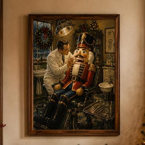 May include: A framed wall art print depicting a dentist in a white coat performing a dental examination on a large, seated nutcracker figure. The scene is set in a vintage dental office with medical equipment, tools, and a window with a wreath.