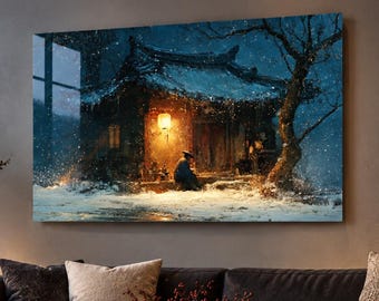 Japanese Winter Tea House Art | Snowy Asian Landscape | Japandi Wall Decor | Affordable Wall Art | Downloadable Prints