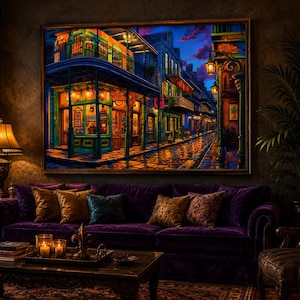 Puede incluir: Una gran pintura enmarcada representa una vibrante escena callejera con edificios coloridos, iluminados por farolas. La obra de arte cuelga sobre un lujoso sof&aacute; de terciopelo p&uacute;rpura adornado con cojines decorativos. Una mesa de centro de madera oscura con velas y libros completa el acogedor sal&oacute;n.