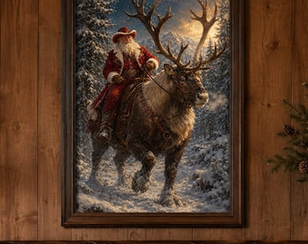 Cowboy Santa Reindeer Art | Western Christmas Print | Rustic Holiday Decor | Affordable Wall Art | Downloadable Prints