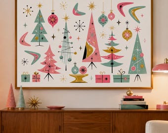Mid Century Christmas Wall Art | Retro Atomic Holiday Decor | Affordable Wall Art | Downloadable Prints