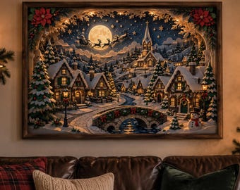 Christmas Village Wall Art | Santa Sleigh Christmas Print | Vintage Holiday Decor | Affordable Wall Art | Downloadable Prints