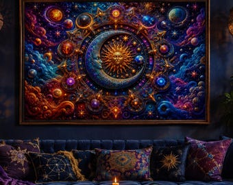 Psychedelic Celestial Sun Moon Art | Affordable Wall Art | Downloadable Prints