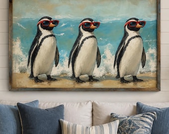 Lustige Pinguin-Wandbilder | Pinguine mit Sonnenbrille | Küstentier-Deko | Preiswerte Wandbilder | Drucke zum Herunterladen