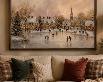 Vintage Christmas Village Ice Skating Print | Nostalgic Holiday Decor | Affordable Wall Art | Downloadable Prints