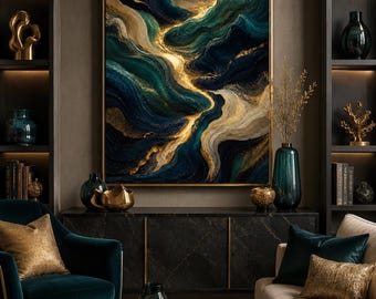 Teal Gold Abstract Wall Art | Luxury Fluid Art | Affordable Wall Art | Downloadable Prints